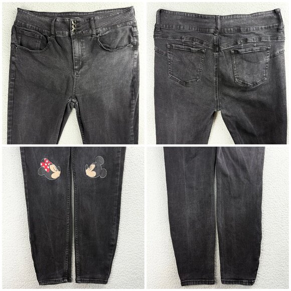 Disney Jeans Women 17 Black Mickey Minnie Mouse Kiss High Waist Jeggings Denim 1 - Picture 7 of 8